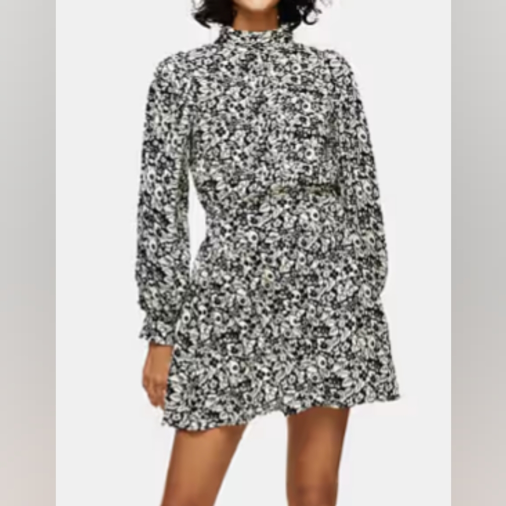Topshop Black & Cream Floral Pintuck Mini Dress Misses Size 6
